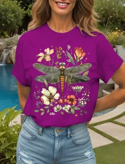 Best Women's T Shirt Floral Graphic Dragonfly Vintage Stylish Classic Short Sleeve Crew Neck Round Neck Regular Tops Daily Weekend Print Black White Yellow Pink Red Summer Spring Women T-Shirts