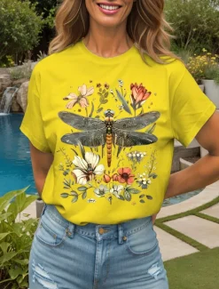 Best Women's T Shirt Floral Graphic Dragonfly Vintage Stylish Classic Short Sleeve Crew Neck Round Neck Regular Tops Daily Weekend Print Black White Yellow Pink Red Summer Spring Women T-Shirts