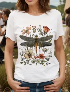 Best Women's T Shirt Floral Graphic Dragonfly Vintage Stylish Classic Short Sleeve Crew Neck Round Neck Regular Tops Daily Weekend Print Black White Yellow Pink Red Summer Spring Women T-Shirts