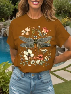 Best Women's T Shirt Floral Graphic Dragonfly Vintage Stylish Classic Short Sleeve Crew Neck Round Neck Regular Tops Daily Weekend Print Black White Yellow Pink Red Summer Spring Women T-Shirts