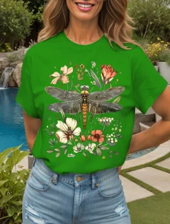 Best Women's T Shirt Floral Graphic Dragonfly Vintage Stylish Classic Short Sleeve Crew Neck Round Neck Regular Tops Daily Weekend Print Black White Yellow Pink Red Summer Spring Women T-Shirts
