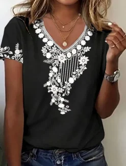 Online Women's T Shirt Floral Graphic Plants Vintage Stylish Classic Short Sleeve V Neck Regular Tops Daily Print Black Wine Green Summer Spring Women T-Shirts