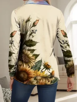 Hot Women's T Shirt Floral Modern Long Sleeve V Neck T Shirt Collar Regular Tops Work Print Black Pink Blue Green Beige Summer Spring Fall Women Spring Tops