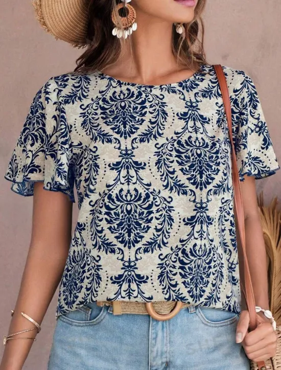 Clearance Women's T Shirt Floral Paisley Fashion Short Sleeve Round Neck Regular Tops Daily Weekend Print White Royal Blue Blue Green Summer Women T-Shirts
