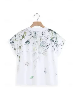 Online Women's T Shirt Floral Ruffle V-Neck Short Sleeve Botanical Print Casual Top Lightweight Breathable Summer Fashion Regular Fit Multi-Size Women Spring Tops