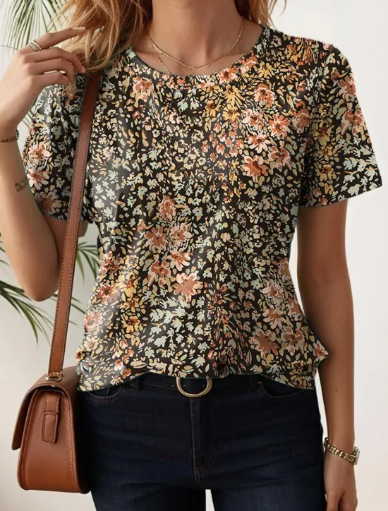 Online Women's T Shirt Floral Stylish Casual Short Sleeve Crew Neck Regular Tops Daily Print Summer Women Spring Tops|T-Shirts