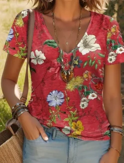 Online Women's T Shirt Floral Stylish Casual Short Sleeve V Neck Regular Tops Daily Print Wine Blue Purple Rainbow Beige Summer Women Spring Tops