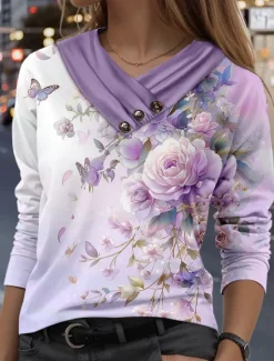 Sale Women's T Shirt Floral Stylish Casual Long Sleeve V Neck Regular Tops Daily Buttons Print Spring Fall Women Spring Tops