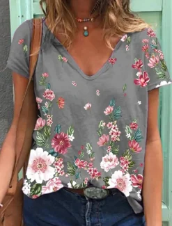 Women's T Shirt Flowers Stylish Basic Casual Short Sleeve Butterfly Sleeve V Neck Regular Tops Daily Sports Going out Print Black White Green Gray Summer Spring Women Women's Tops