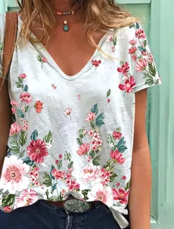 Women's T Shirt Flowers Stylish Basic Casual Short Sleeve Butterfly Sleeve V Neck Regular Tops Daily Sports Going out Print Black White Green Gray Summer Spring Women Women's Tops