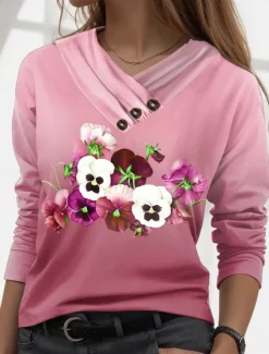 New Women's T Shirt Funny Floral Regular Tops Long Sleeve V Neck Buttons Print Regular Fit Daily Stylish Casual Blue Purple Orange Green Fall Winter Women Spring Tops