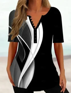 Discount Women's T Shirt Geometric Abstract Tunic Basic Short Sleeve V Neck Regular Tops Casual Daily Buttons Print Women Tunic Tops|T-Shirts