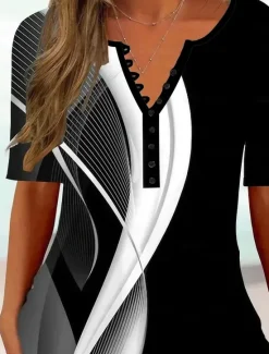 Discount Women's T Shirt Geometric Abstract Tunic Basic Short Sleeve V Neck Regular Tops Casual Daily Buttons Print Women Tunic Tops|T-Shirts