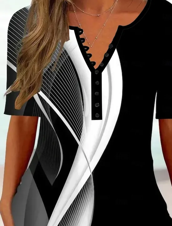 Discount Women's T Shirt Geometric Abstract Tunic Basic Short Sleeve V Neck Regular Tops Casual Daily Buttons Print Women Tunic Tops|T-Shirts