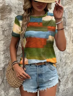 Clearance Women's T Shirt Geometric Casual Short Sleeve Round Neck Regular Tops Daily Print Summer Women Spring Tops