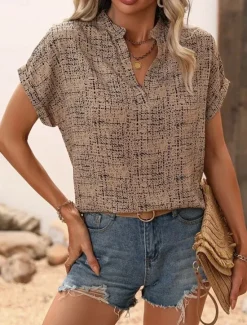 Discount Women's T Shirt Geometric Fashion Modern Casual Short Sleeve Notched Neck Regular Tops Daily Weekend Print White Khaki Summer Spring Women Boho Tops