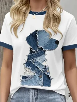Hot Women's T Shirt Graphic Animal Vintage Stylish Classic Short Sleeve Crew Neck Round Neck Regular Tops Daily Print White Blue Light Blue Summer Women T-Shirts