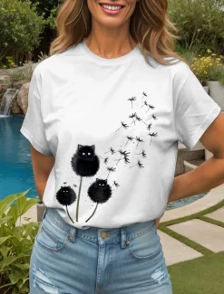 Discount Women's T Shirt Graphic Animal Cat Vintage Stylish Classic Short Sleeve Crew Neck Round Neck Regular Tops Daily Weekend Print Black White Pink Red Blue Summer Spring Women T-Shirts