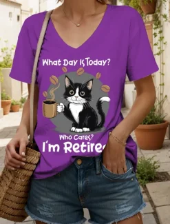 New Women's T Shirt Graphic Animal Cat Vintage Stylish Classic Short Sleeve V Neck Regular Tops Daily Print Black White Red Blue Purple Summer Spring Women T-Shirts
