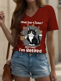 New Women's T Shirt Graphic Animal Cat Vintage Stylish Classic Short Sleeve V Neck Regular Tops Daily Print Black White Red Blue Purple Summer Spring Women T-Shirts