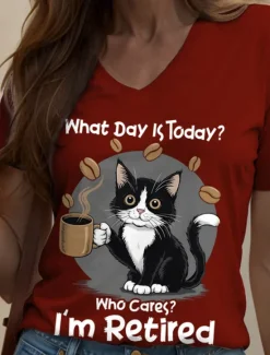 New Women's T Shirt Graphic Animal Cat Vintage Stylish Classic Short Sleeve V Neck Regular Tops Daily Print Black White Red Blue Purple Summer Spring Women T-Shirts