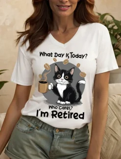New Women's T Shirt Graphic Animal Cat Vintage Stylish Classic Short Sleeve V Neck Regular Tops Daily Print Black White Red Blue Purple Summer Spring Women T-Shirts
