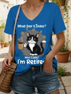 New Women's T Shirt Graphic Animal Cat Vintage Stylish Classic Short Sleeve V Neck Regular Tops Daily Print Black White Red Blue Purple Summer Spring Women T-Shirts