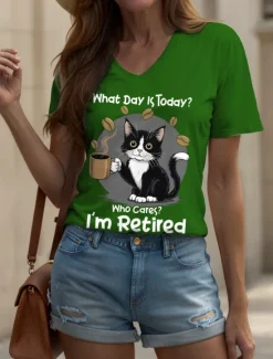 New Women's T Shirt Graphic Animal Cat Vintage Stylish Classic Short Sleeve V Neck Regular Tops Daily Print Black White Red Blue Purple Summer Spring Women T-Shirts