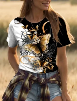 Hot Women's T Shirt Graphic Animal Geometric Vintage Fashion Stylish Short Sleeve Crew Neck Round Neck Regular Tops Daily Weekend Print Black+White+Gray Yellow Red Blue Purple Summer Spring Women T-Shirts