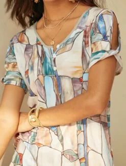 Outlet Women's T Shirt Graphic Basic Short Sleeve V Neck Regular Tops Daily Weekend Buttons Cut Out Print Blue Green Khaki Women Boho Tops
