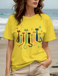 Online Women's T Shirt Graphic Cat Star Vintage Stylish Classic Short Sleeve Crew Neck Round Neck Regular Tops Daily Weekend Print Black White Yellow Red Blue Summer Spring Women T-Shirts