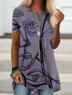 New Women's T Shirt Graphic Fashion Modern Casual Short Sleeve Crew Neck Regular Tops Daily Weekend Print Blue Purple Green Khaki Summer Spring Women T-Shirts