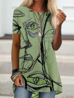 New Women's T Shirt Graphic Fashion Modern Casual Short Sleeve Crew Neck Regular Tops Daily Weekend Print Blue Purple Green Khaki Summer Spring Women T-Shirts