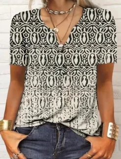 Women's T Shirt Graphic Fashion Boho Short Sleeve V Neck Regular Tops Casual Daily Print Black Red Blue Orange Summer Women Boho Tops