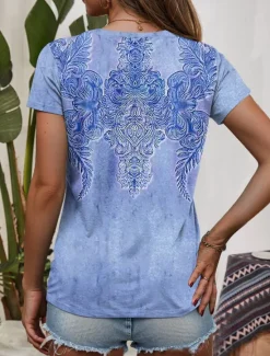 Outlet Women's T Shirt Graphic Geometric Paisley Vintage Ethnic Casual Short Sleeve V Neck Regular Tops Daily Print Blue Purple Green Summer Spring Women Boho Tops|T-Shirts