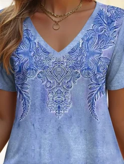 Outlet Women's T Shirt Graphic Geometric Paisley Vintage Ethnic Casual Short Sleeve V Neck Regular Tops Daily Print Blue Purple Green Summer Spring Women Boho Tops|T-Shirts