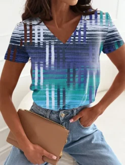 Women's T Shirt Graphic Geometric Casual Short Sleeve V Neck Regular Tops Daily Print Pink Blue Green Summer Spring Women T-Shirts
