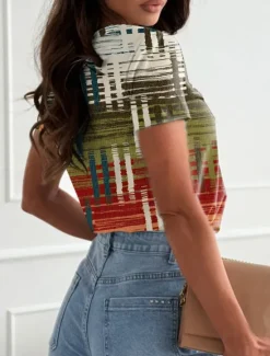 Women's T Shirt Graphic Geometric Casual Short Sleeve V Neck Regular Tops Daily Print Pink Blue Green Summer Spring Women T-Shirts
