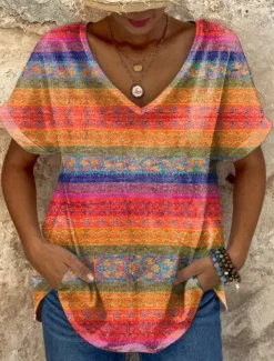 Best Women's T Shirt Graphic Geometric Color Block Stylish Casual Short Sleeve V Neck Regular Tops Daily Weekend Print Summer Spring Women Boho Tops