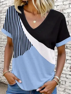New Women's T Shirt Graphic Geometric Vintage Stylish Modern Short Sleeve V Neck Regular Tops Daily Print Pink Blue Purple Green Khaki Summer Women T-Shirts
