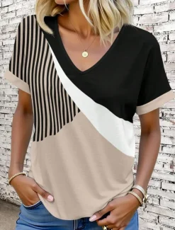 New Women's T Shirt Graphic Geometric Vintage Stylish Modern Short Sleeve V Neck Regular Tops Daily Print Pink Blue Purple Green Khaki Summer Women T-Shirts
