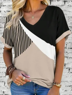 New Women's T Shirt Graphic Geometric Vintage Stylish Modern Short Sleeve V Neck Regular Tops Daily Print Pink Blue Purple Green Khaki Summer Women T-Shirts