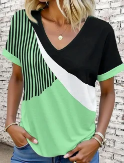New Women's T Shirt Graphic Geometric Vintage Stylish Modern Short Sleeve V Neck Regular Tops Daily Print Pink Blue Purple Green Khaki Summer Women T-Shirts