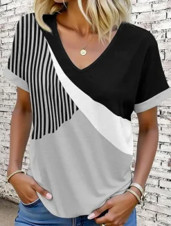 New Women's T Shirt Graphic Geometric Vintage Stylish Modern Short Sleeve V Neck Regular Tops Daily Print Pink Blue Purple Green Khaki Summer Women T-Shirts