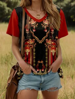 Best Women's T Shirt Graphic Geometric Plants Stylish Modern Casual Short Sleeve V Neck Regular Tops Daily Weekend Print Summer Spring Women Boho Tops