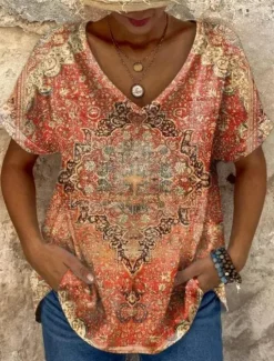 Hot Women's T Shirt Graphic Geometric Vintage Vintage Ethnic Casual Short Sleeve V Neck Regular Tops Daily Weekend Beach Wear Print Maroon Red Orange Summer Spring Women Boho Tops|T-Shirts