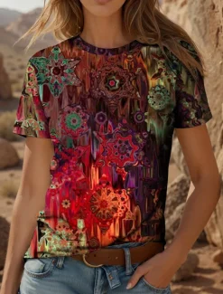 Online Women's T Shirt Graphic Geometric Bohemia Vintage Ethnic Short Sleeve Crew Neck Round Neck Regular Tops Daily Going out Weekend Print Red Blue Purple Green Summer Spring Women T-Shirts