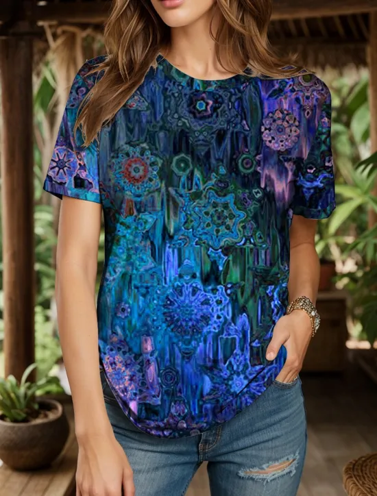 Online Women's T Shirt Graphic Geometric Bohemia Vintage Ethnic Short Sleeve Crew Neck Round Neck Regular Tops Daily Going out Weekend Print Red Blue Purple Green Summer Spring Women T-Shirts