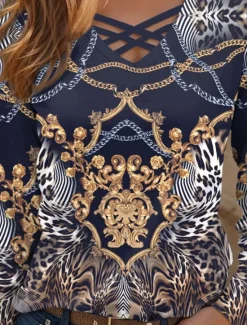 New Women's T Shirt Graphic Leopard Paisley Casual Long Sleeve V Neck Regular Tops Daily Cut Out Print Spring Fall Women T-Shirts|Boho Tops