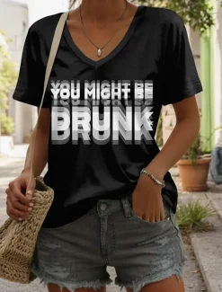 Best Women's T Shirt Graphic Letter Stylish Casual Short Sleeve V Neck Regular Tops Daily Print Black Red Blue Fuchsia Green Summer DRUNK Women T-Shirts